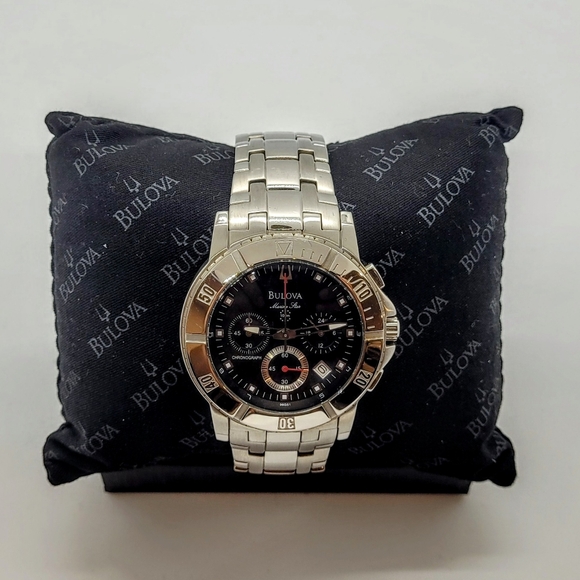 Bulova Marine Star Chronograph Date Black Dial Stainless Steel Men's Watch 96G51 - Picture 2 of 8